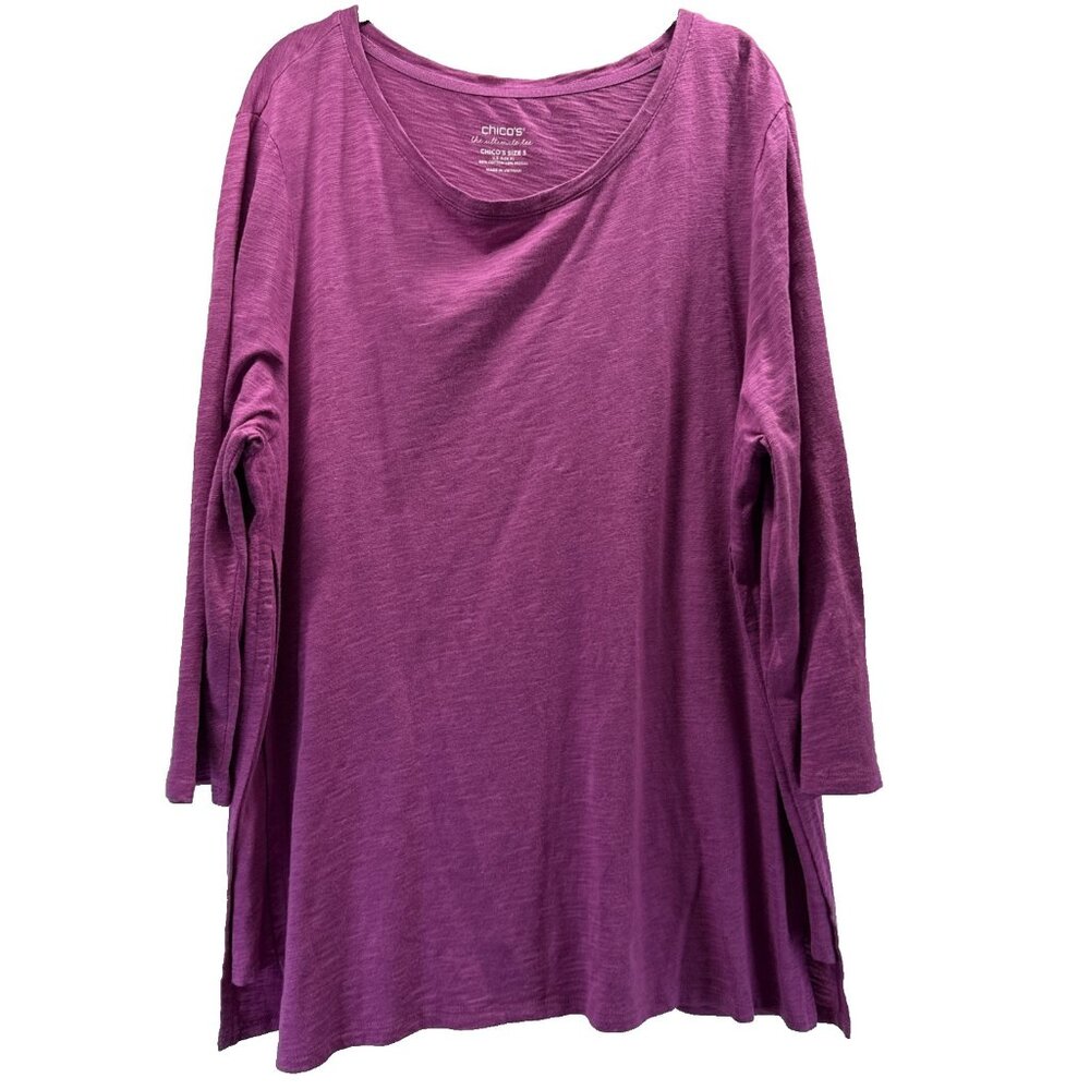 Chicos Women's Top Size XL Solid‎ Pink Slub Cotton Blend 3/4 Sleeve Pullover